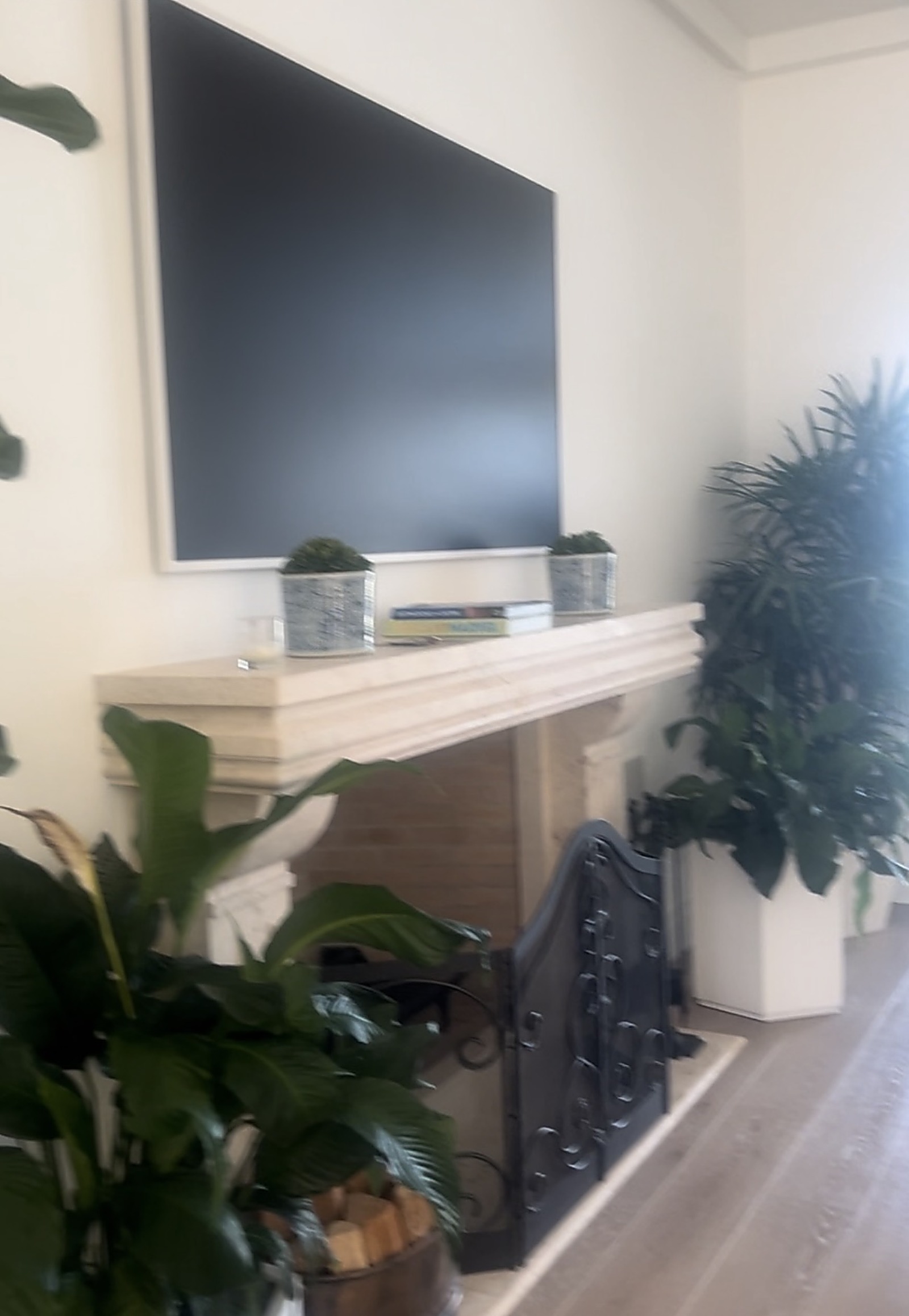 Hearth wall with lit built-ins before