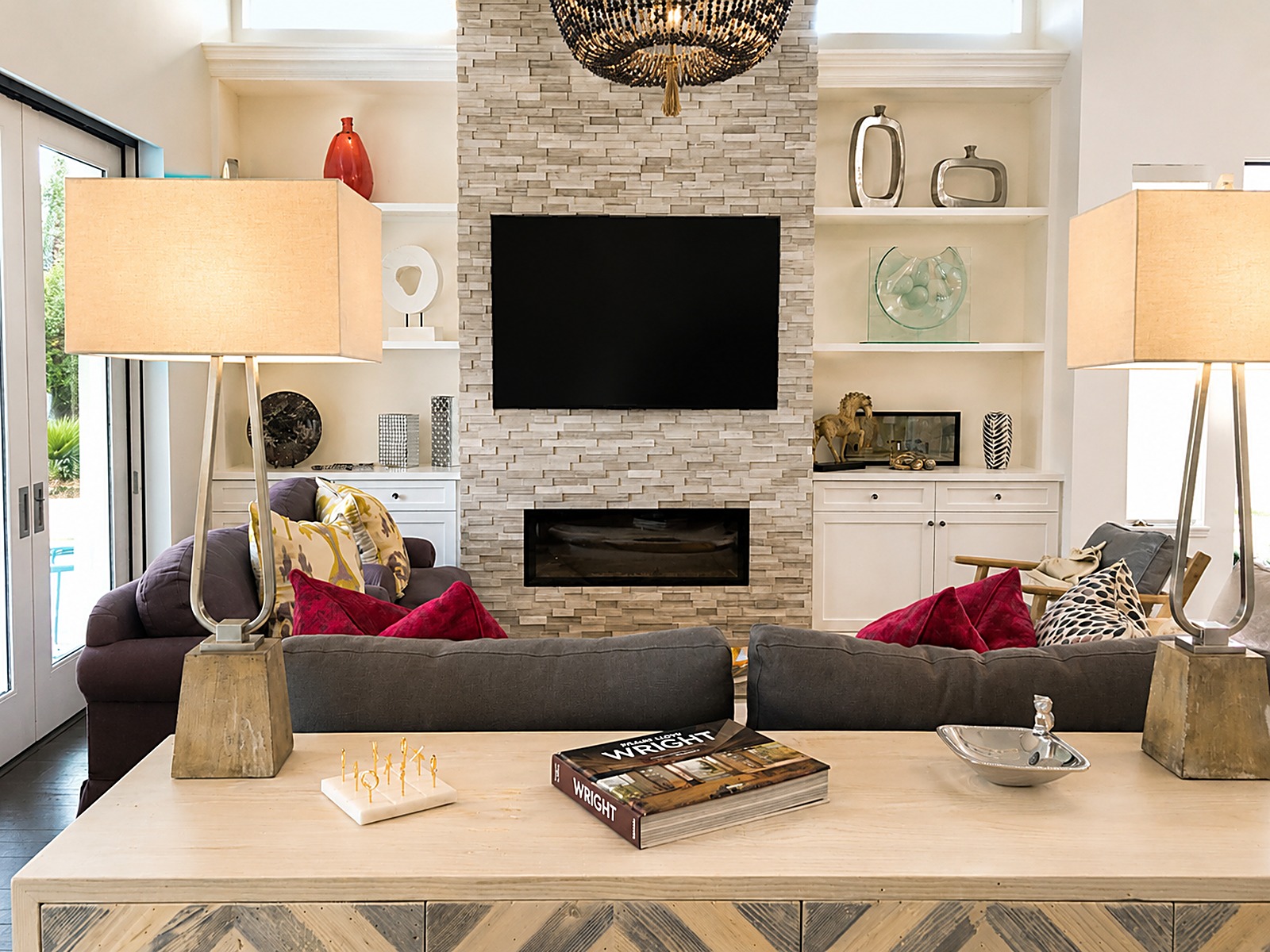 Fireplace wall and built-ins after