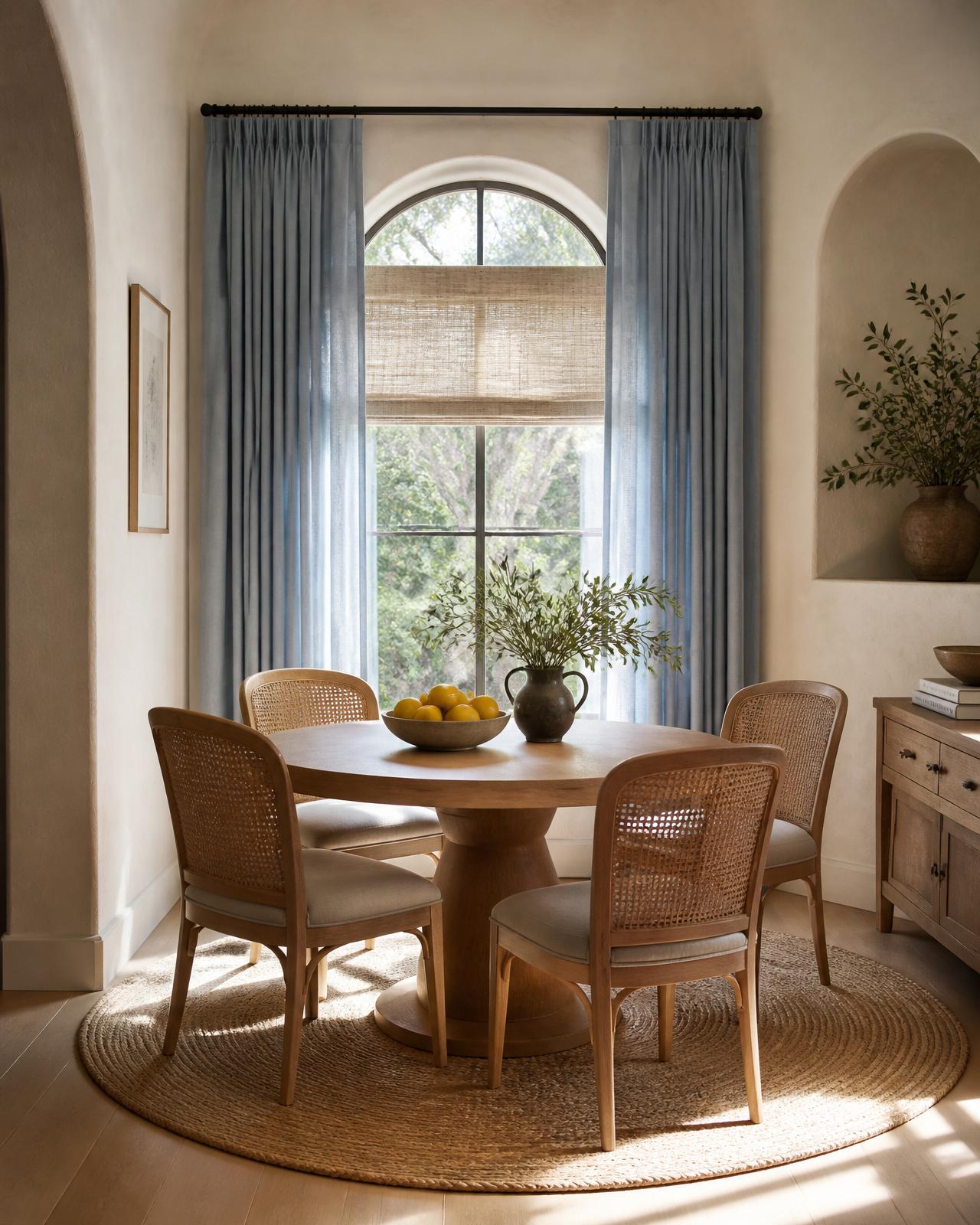 A dining room drawn together from pieces collected over many years, layered with linen and warm oak
