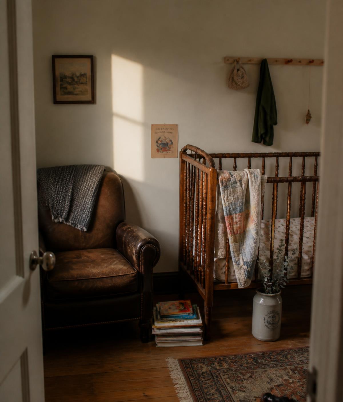 A calm nursery with soft neutral bedding and warm wood, a room ready for its next chapter as a child grows