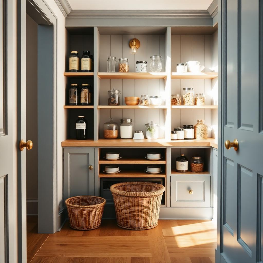 A well-organized pantry with muted blue millwork and warm oak shelving — the kind of hardworking room we're often asked to rethink