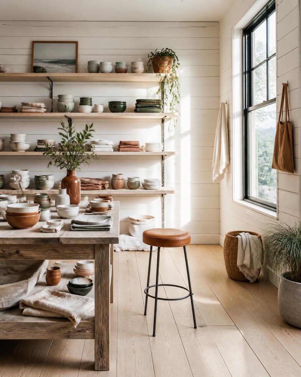A creative studio with a drafting table, olive tree, and moodboard of textile swatches