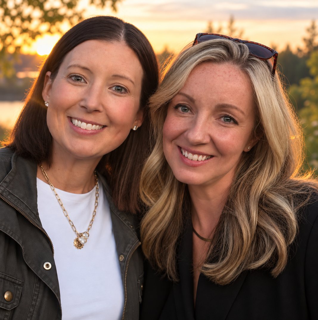 Room Revival partners Jen Parrotte and Megan Miller outdoors at sunset